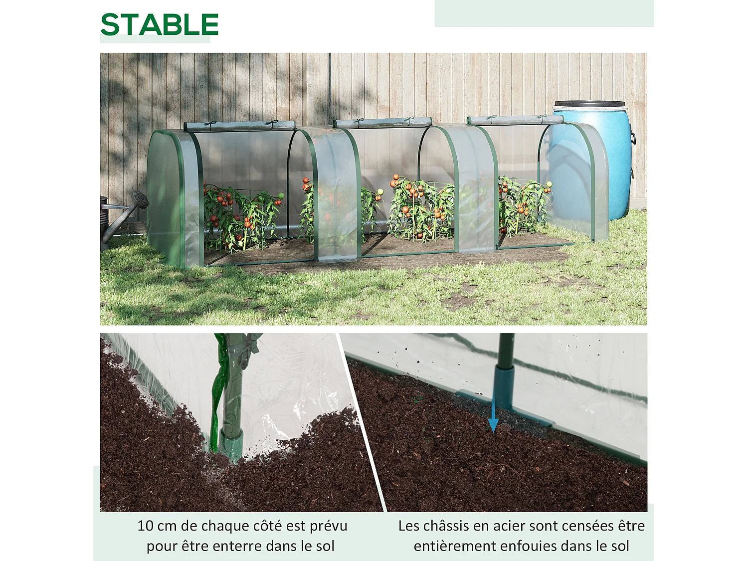 Serre de jardin tunnel 2,95L x 1l x 0,8H m 3 portes zippées bâche PVC transparent métal époxy vert