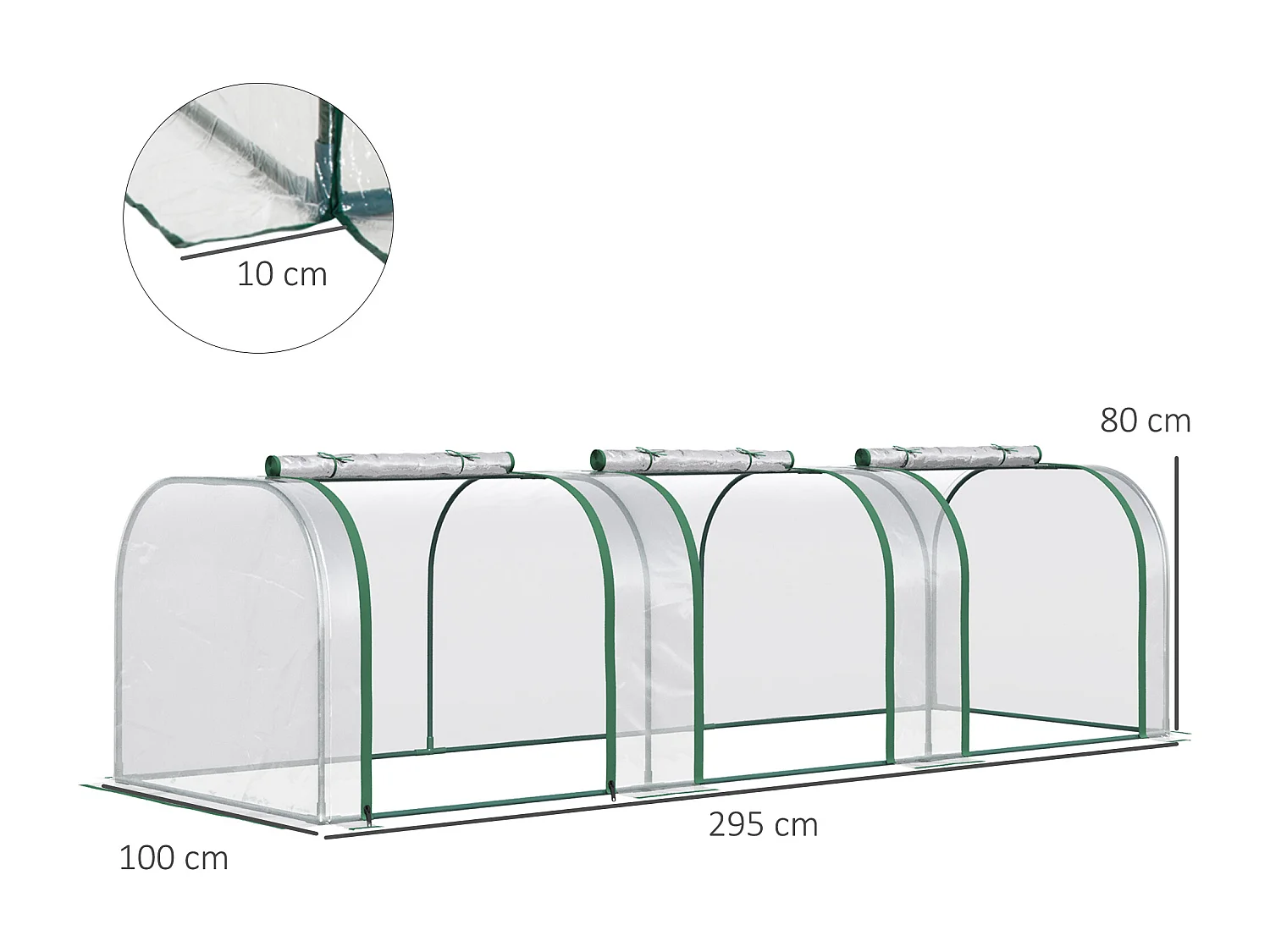 Serre de jardin tunnel 2,95L x 1l x 0,8H m 3 portes zippées bâche PVC transparent métal époxy vert