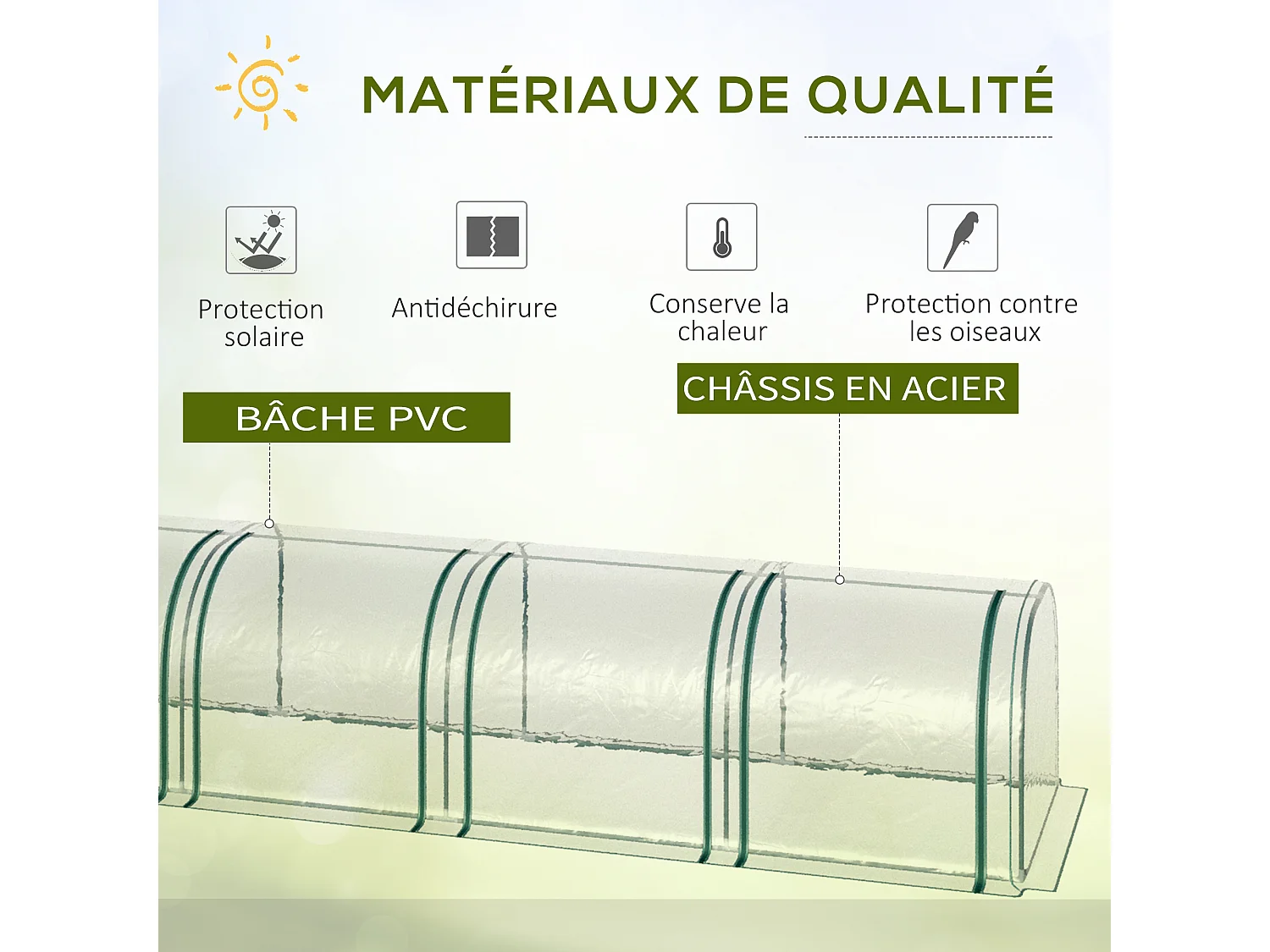 Serre de jardin tunnel 2,95L x 1l x 0,8H m 3 portes zippées bâche PVC transparent métal époxy vert