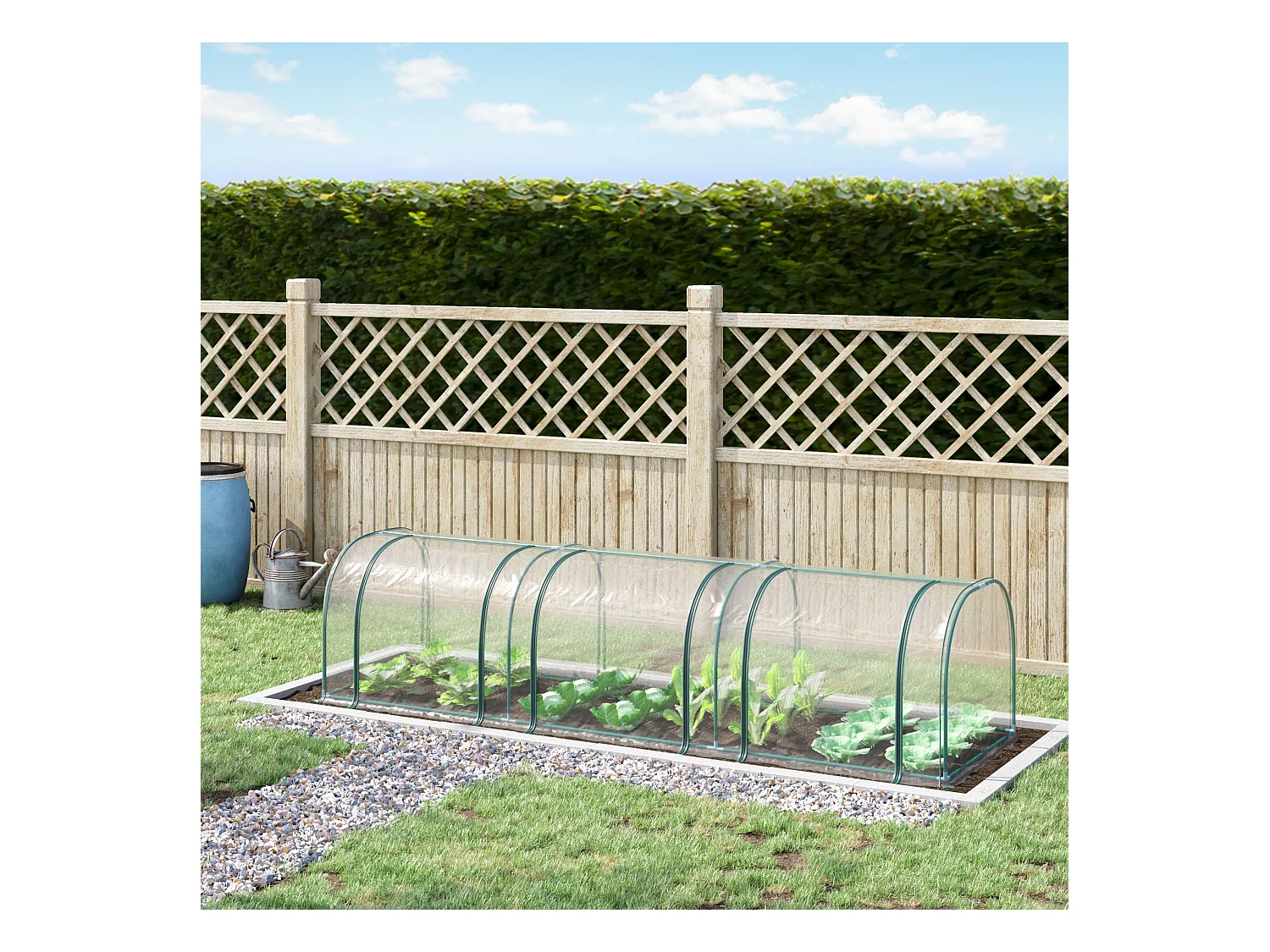 Serre de jardin tunnel 3,5L x 1l x 0,8H m 3 portes zippées bâche PVC transparent métal époxy vert