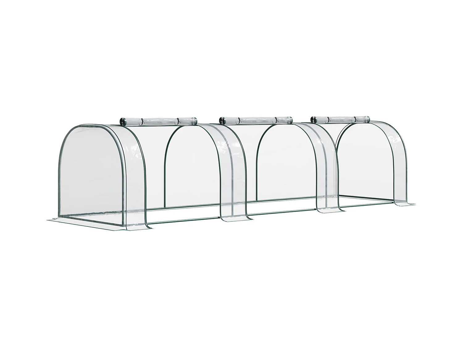 Serre de jardin tunnel 3,5L x 1l x 0,8H m 3 portes zippées bâche PVC transparent métal époxy vert