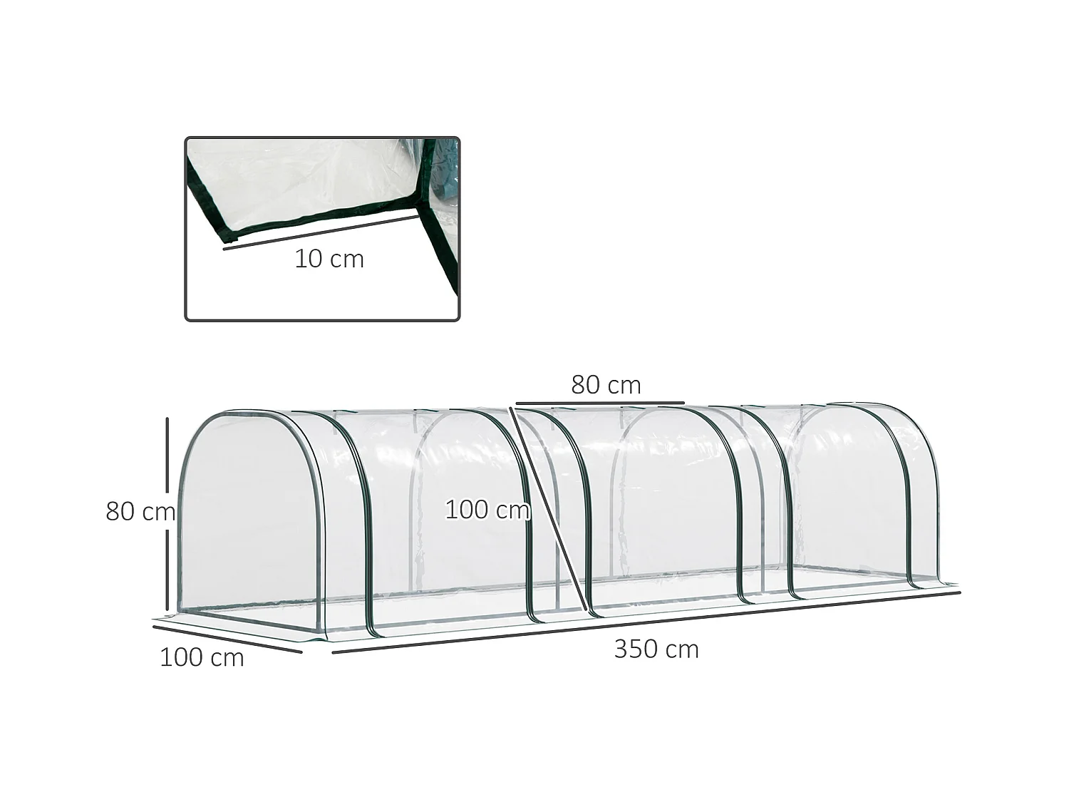 Serre de jardin tunnel 3,5L x 1l x 0,8H m 3 portes zippées bâche PVC transparent métal époxy vert