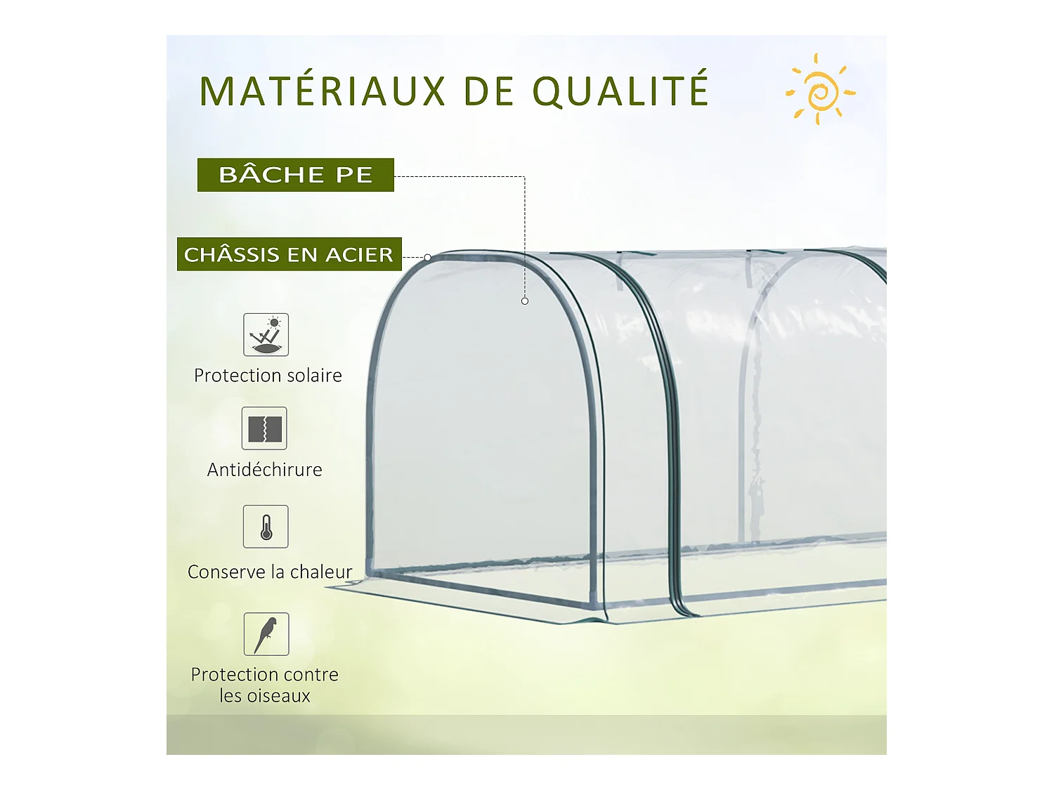 Serre de jardin tunnel 3,5L x 1l x 0,8H m 3 portes zippées bâche PVC transparent métal époxy vert