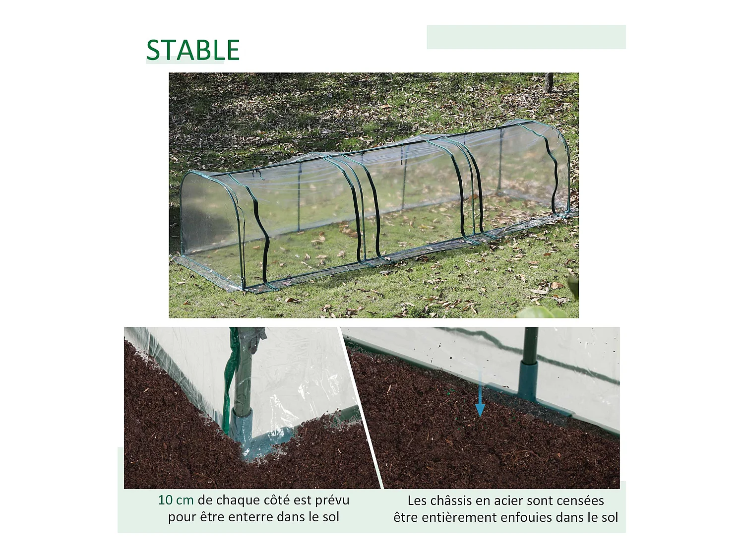 Serre de jardin tunnel 3,5L x 1l x 0,8H m 3 portes zippées bâche PVC transparent métal époxy vert
