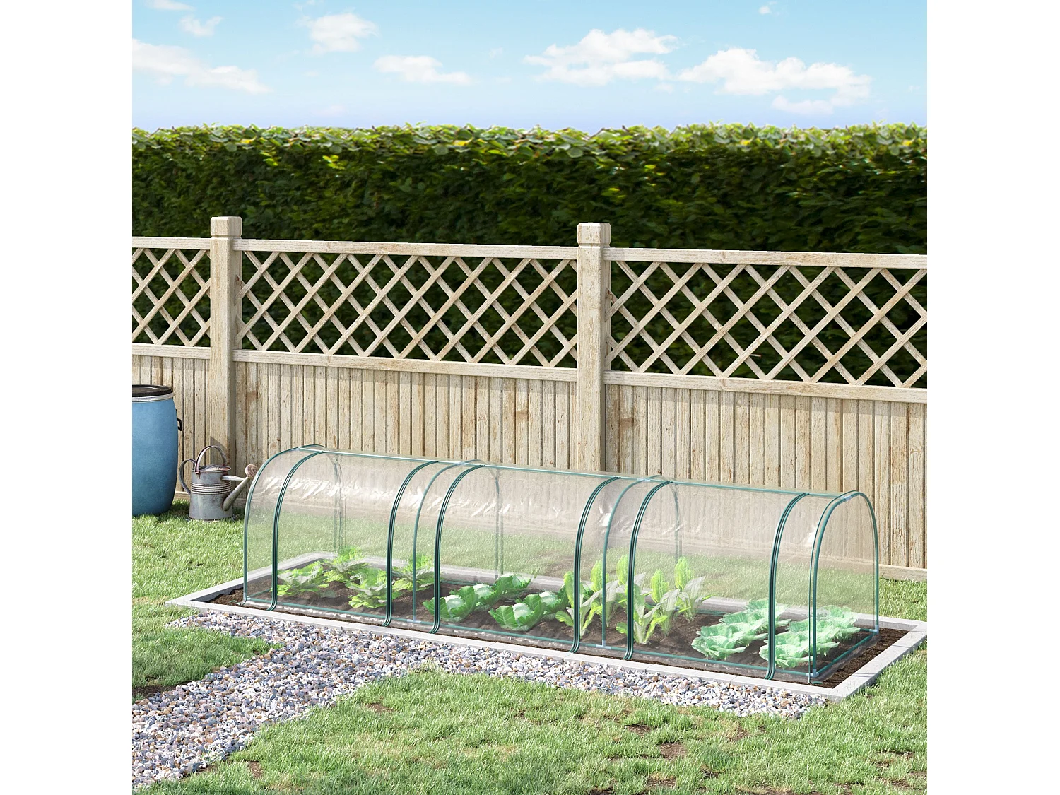 Serre de jardin tunnel 3,5L x 1l x 0,8H m 3 portes zippées bâche PVC transparent métal époxy vert
