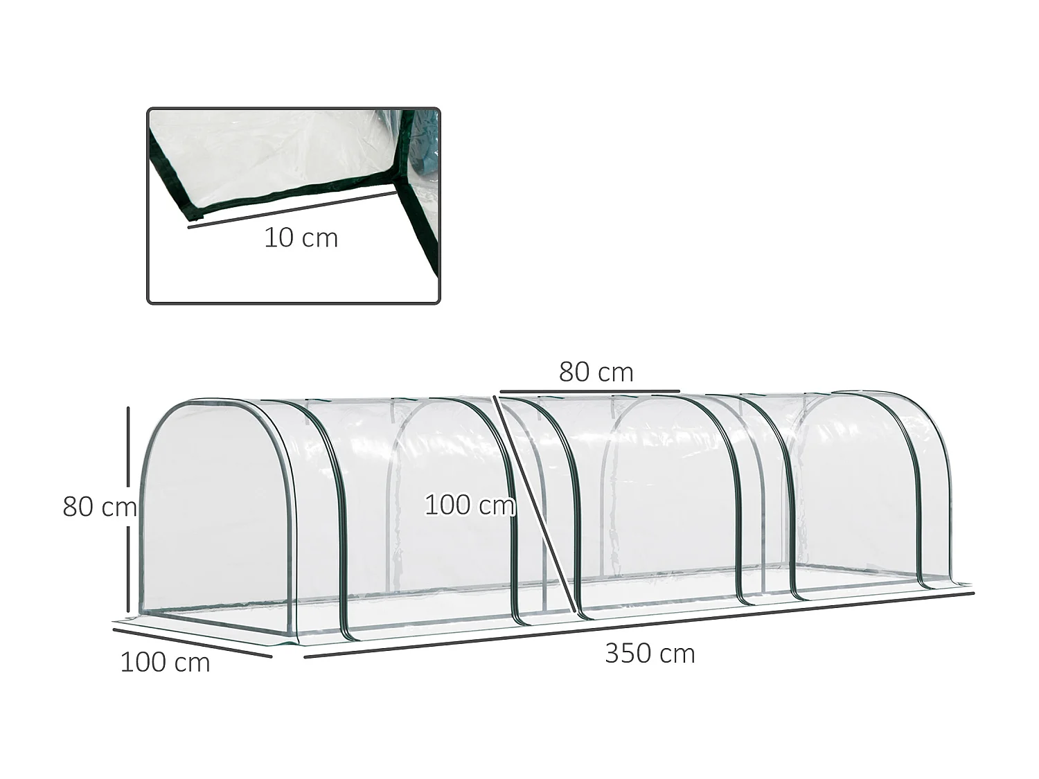 Serre de jardin tunnel 3,5L x 1l x 0,8H m 3 portes zippées bâche PVC transparent métal époxy vert