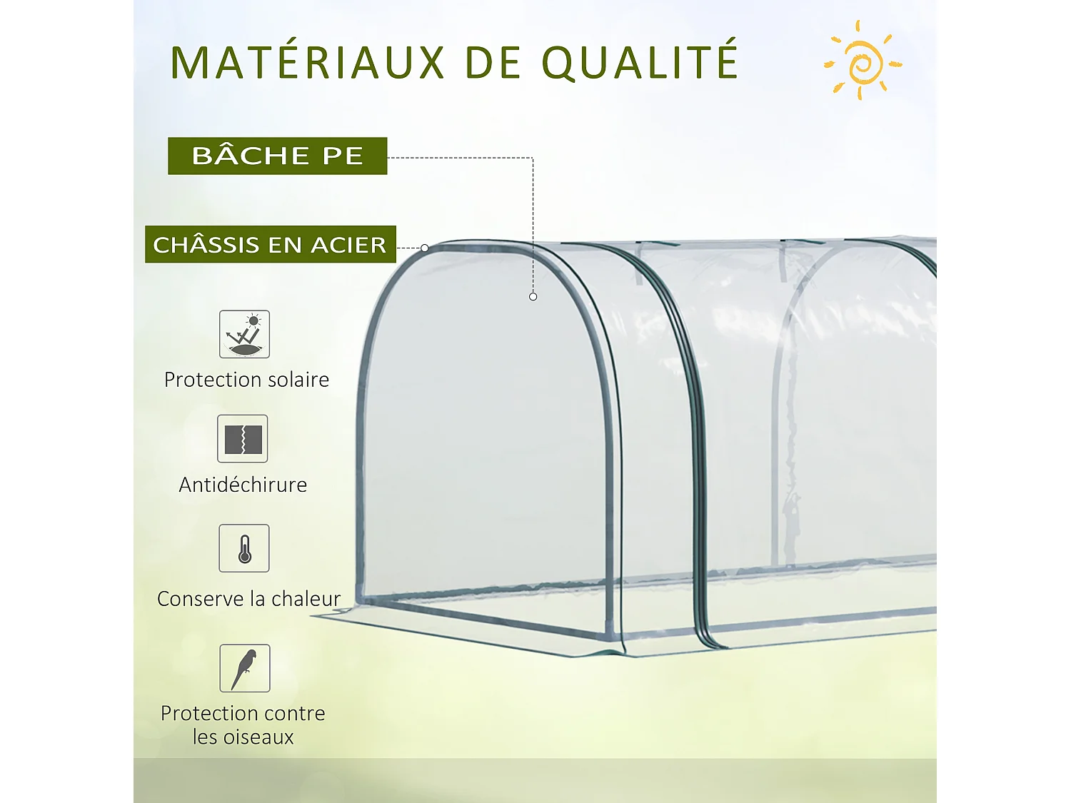 Serre de jardin tunnel 3,5L x 1l x 0,8H m 3 portes zippées bâche PVC transparent métal époxy vert