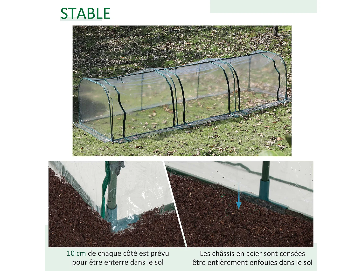 Serre de jardin tunnel 3,5L x 1l x 0,8H m 3 portes zippées bâche PVC transparent métal époxy vert