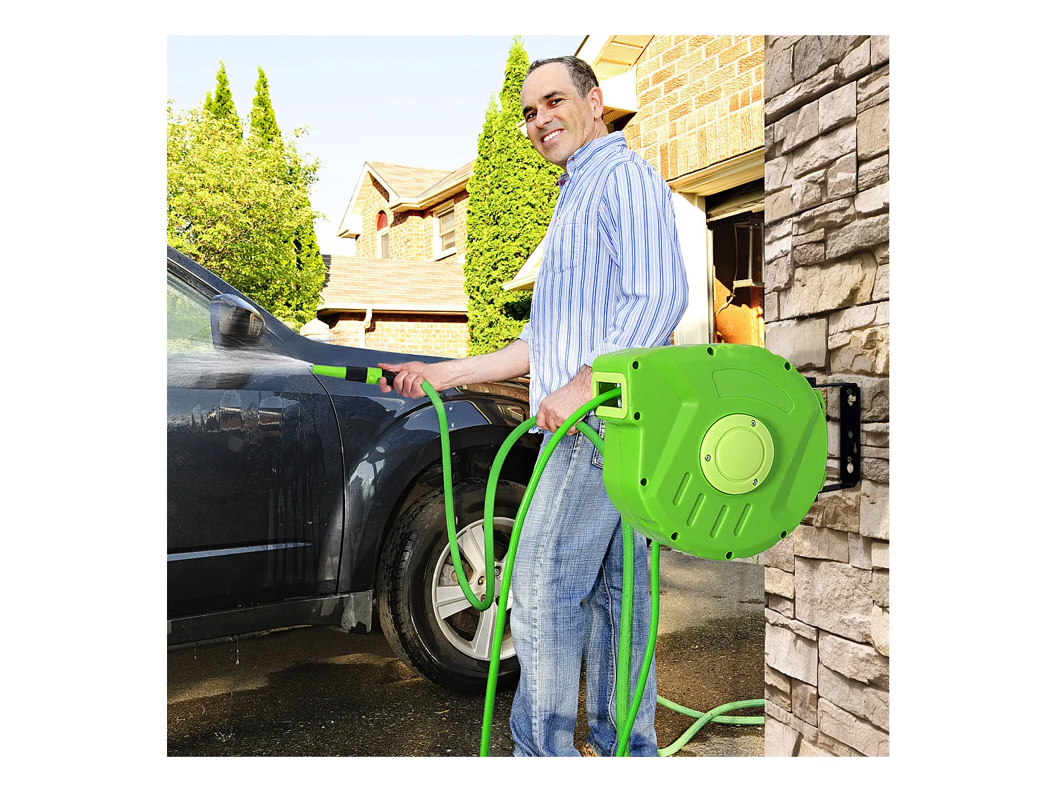 Dévidoir mural enrouleur automatique pivotant 180° tuyau 10 + 1 m avec lance arrosage support mural intégré vert