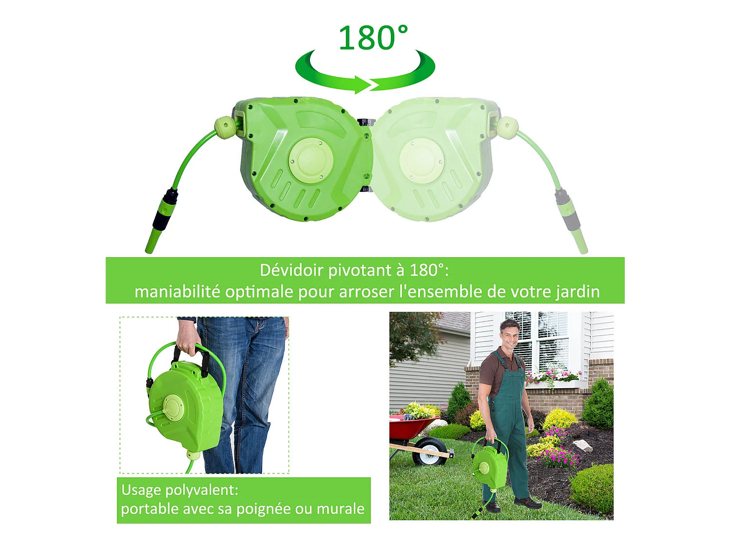 Dévidoir mural enrouleur automatique pivotant 180° tuyau 10 + 1 m avec lance arrosage support mural intégré vert