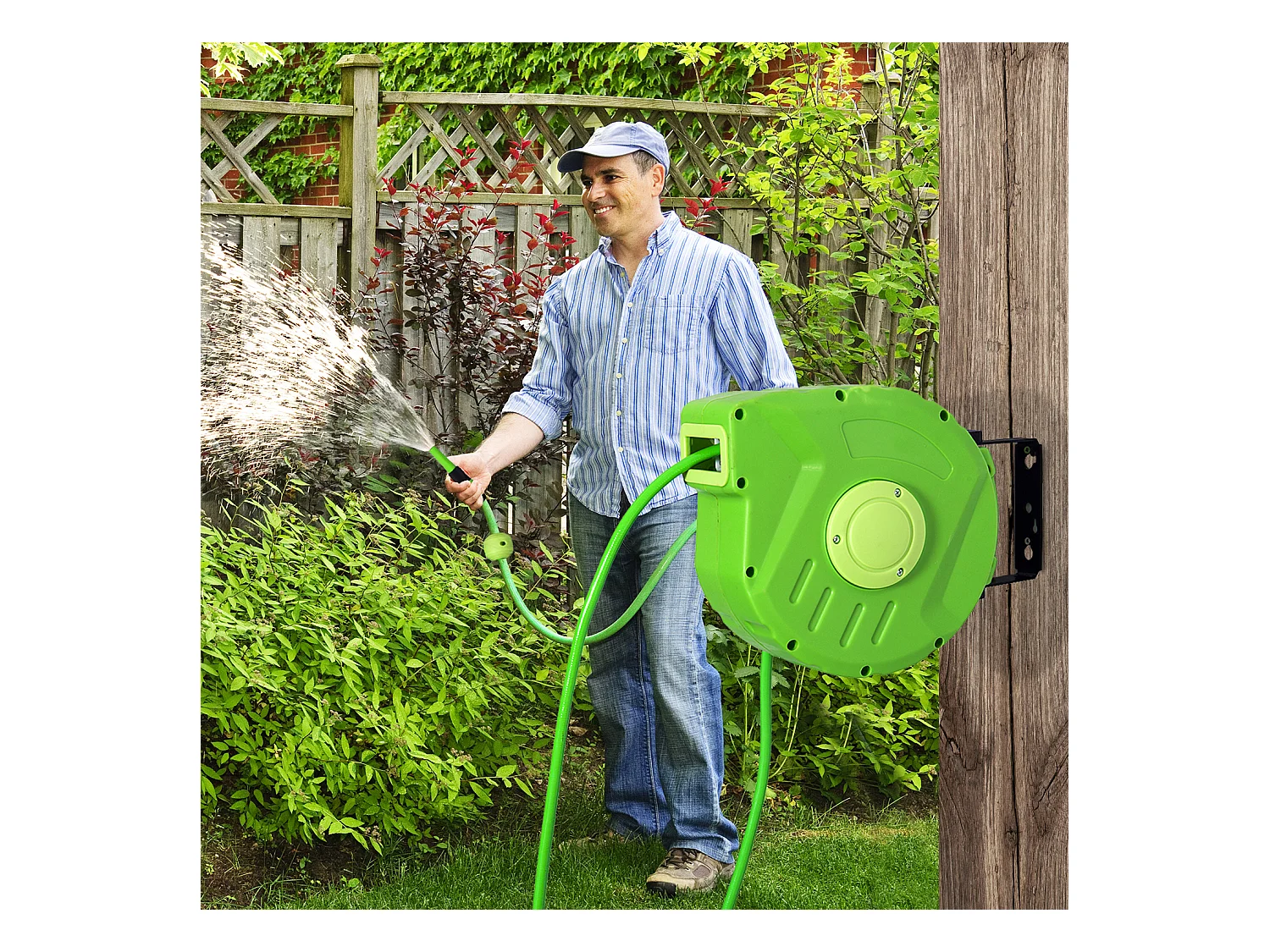 Dévidoir mural enrouleur automatique pivotant 180° tuyau 10 + 1 m avec lance arrosage support mural intégré vert