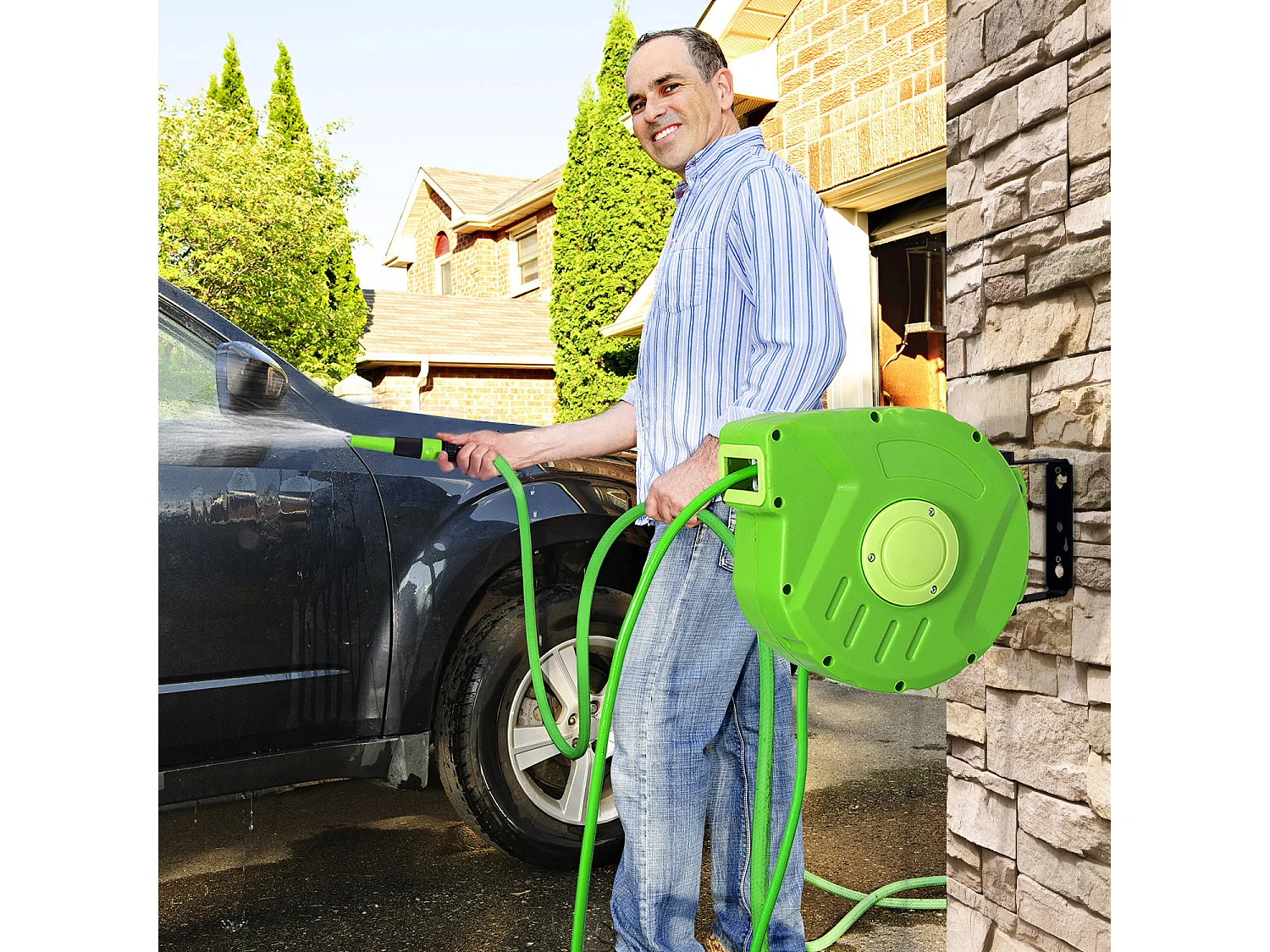 Dévidoir mural enrouleur automatique pivotant 180° tuyau 10 + 1 m avec lance arrosage support mural intégré vert