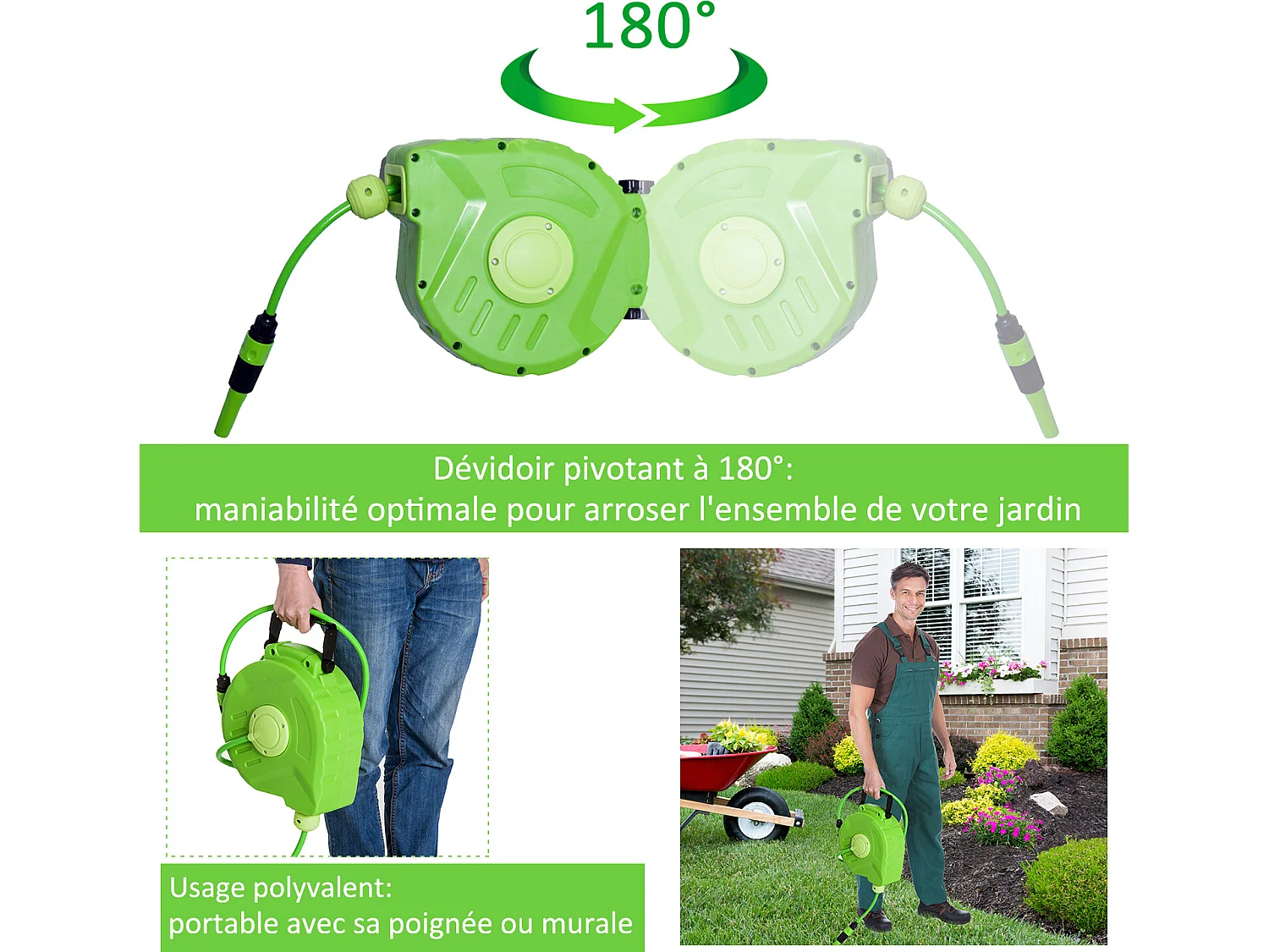 Dévidoir mural enrouleur automatique pivotant 180° tuyau 10 + 1 m avec lance arrosage support mural intégré vert
