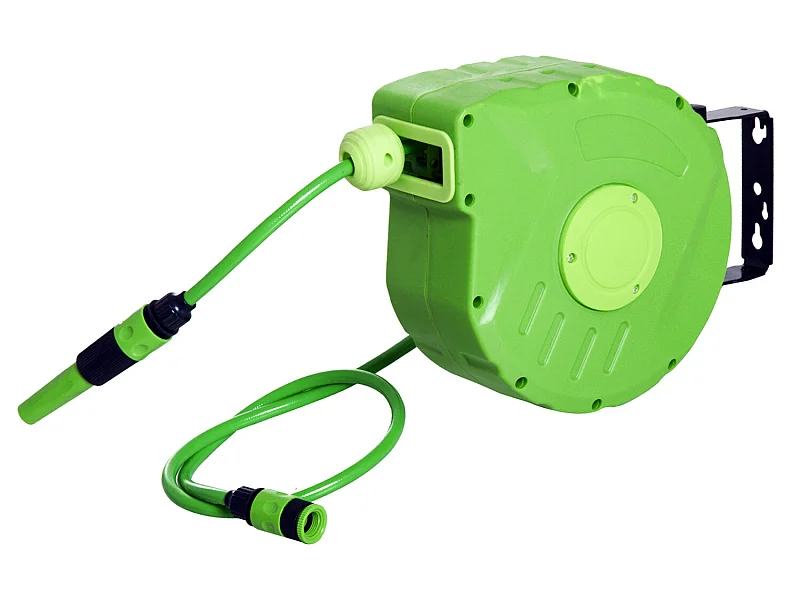 Dévidoir mural enrouleur automatique pivotant 180° tuyau 10 + 1 m avec lance arrosage support mural intégré vert