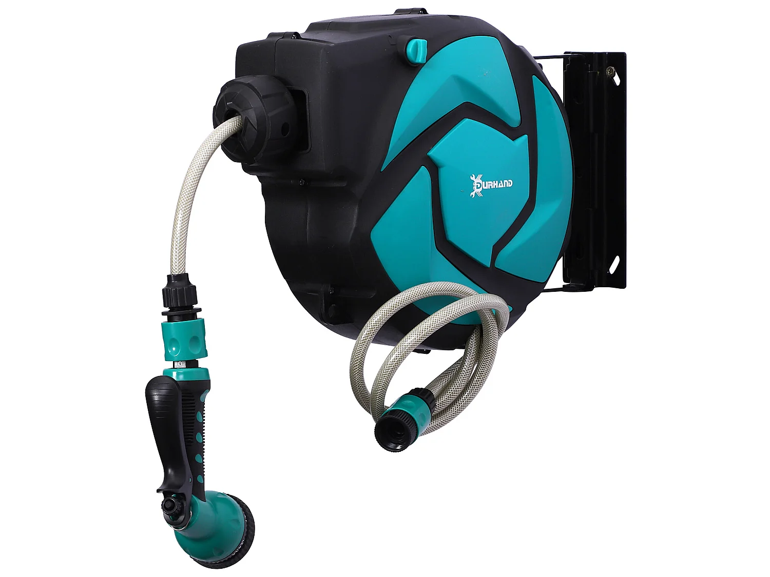 Dévidoir mural enrouleur automatique pivotant 180° tuyau 10 + 1 m avec lance arrosage support mural intégré turquoise noir