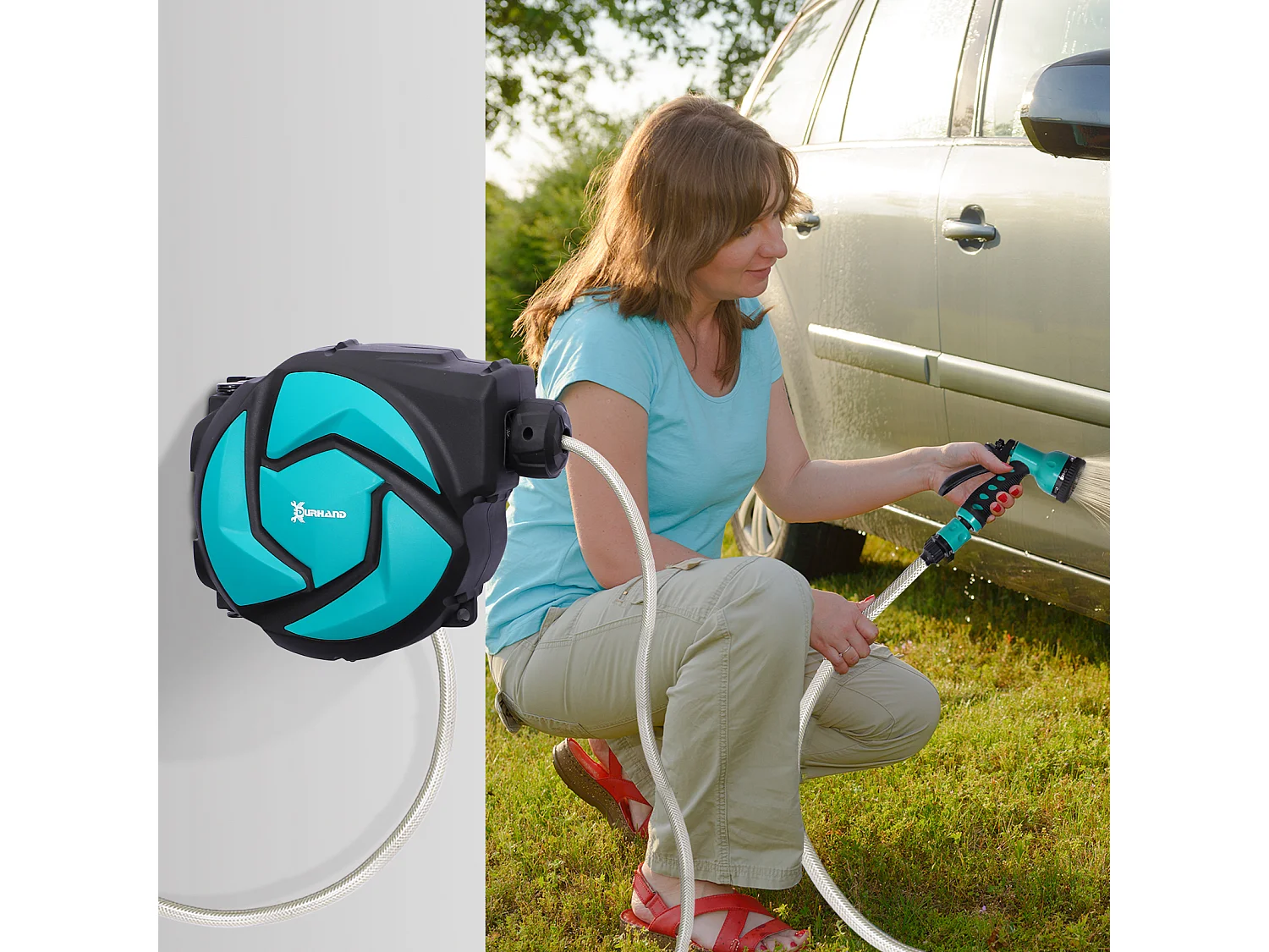 Dévidoir mural enrouleur automatique pivotant 180° tuyau 10 + 1 m avec lance arrosage support mural intégré turquoise noir