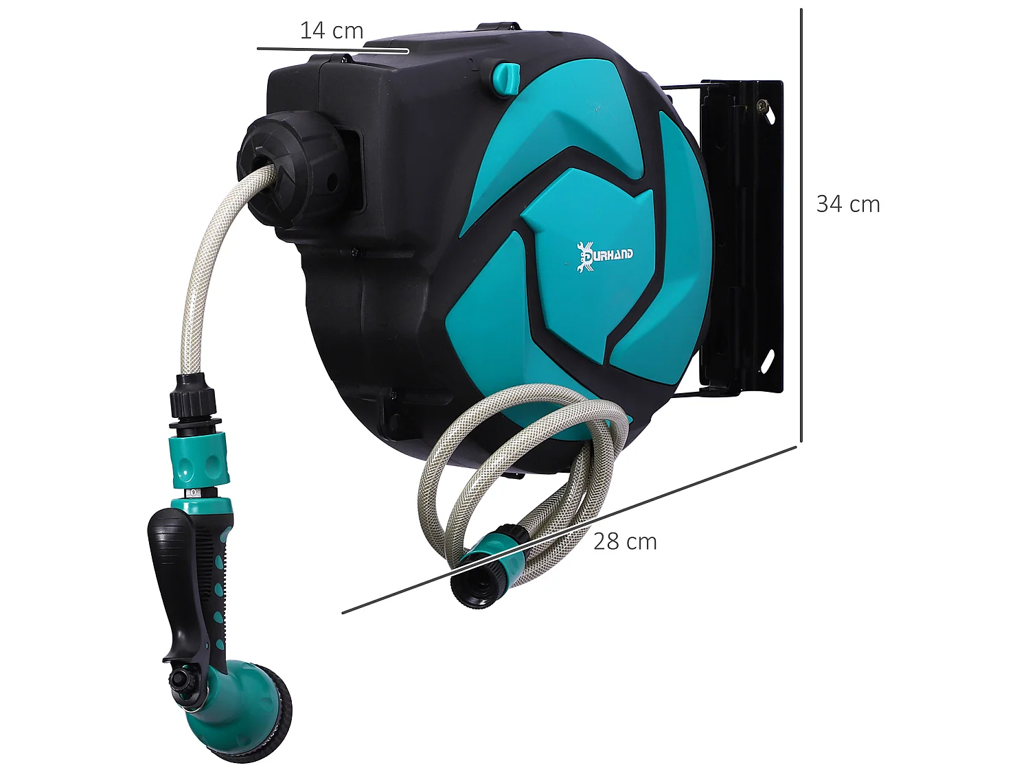 Dévidoir mural enrouleur automatique pivotant 180° tuyau 10 + 1 m avec lance arrosage support mural intégré turquoise noir
