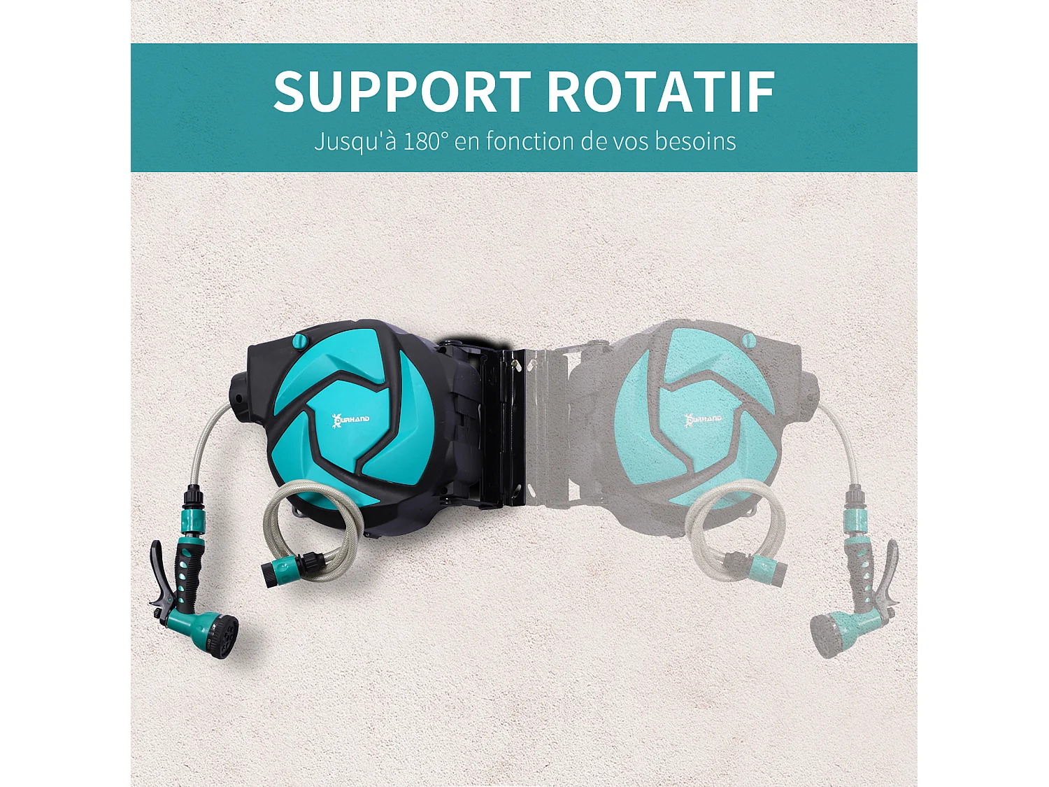 Dévidoir mural enrouleur automatique pivotant 180° tuyau 10 + 1 m avec lance arrosage support mural intégré turquoise noir