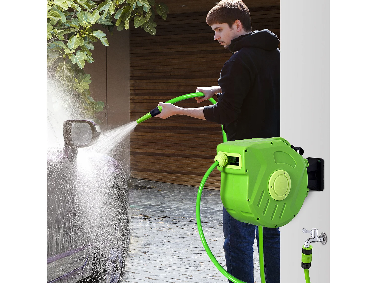 Dévidoir mural enrouleur automatique pivotant 180° tuyau 20 + 2 m avec lance arrosage support mural intégré vert