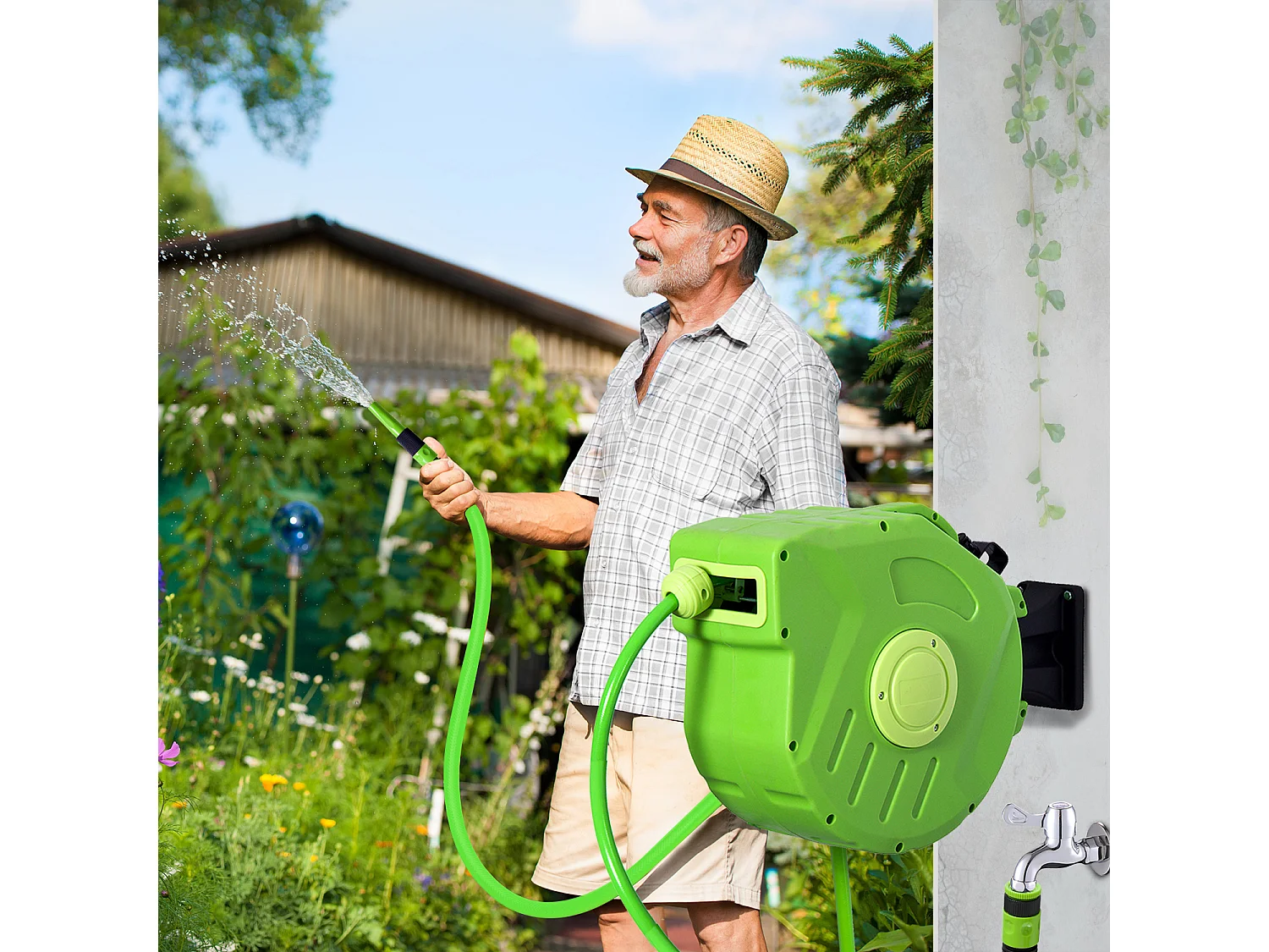 Dévidoir mural enrouleur automatique pivotant 180° tuyau 20 + 2 m avec lance arrosage support mural intégré vert