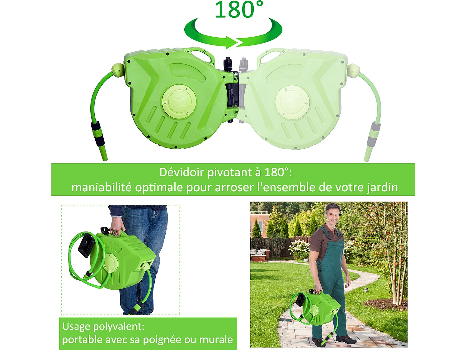 Dévidoir mural enrouleur automatique pivotant 180° tuyau 20 + 2 m avec lance arrosage support mural intégré vert