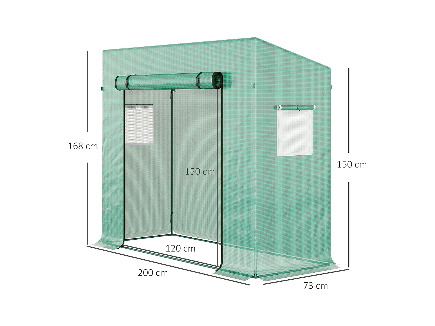 Serre de Jardin 200L x 73l x 168H cm acier PE haute densité 140 g/m² anti-UV avec porte zippée déroulante et fenêtres vert