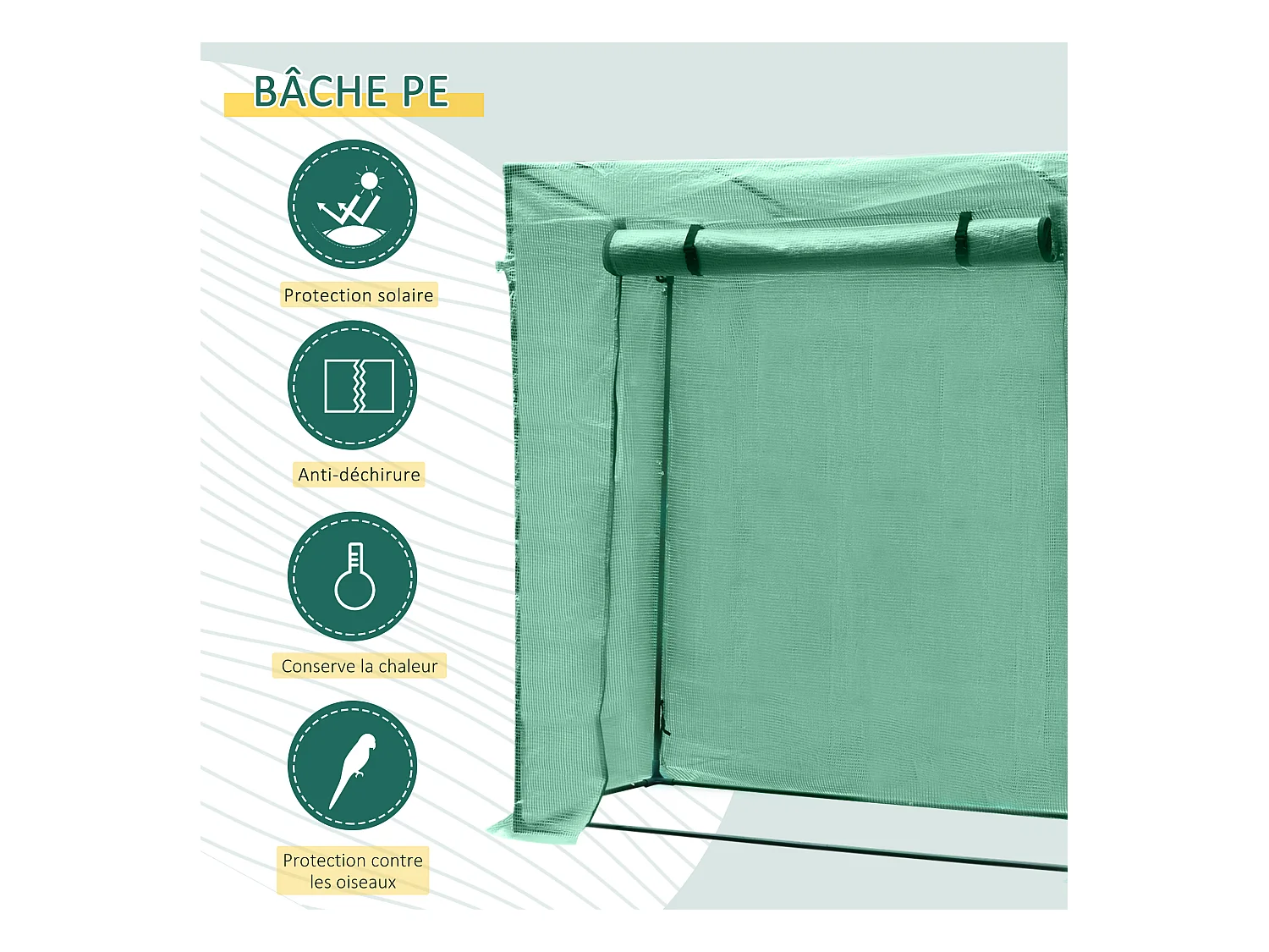 Serre de Jardin 200L x 73l x 168H cm acier PE haute densité 140 g/m² anti-UV avec porte zippée déroulante et fenêtres vert