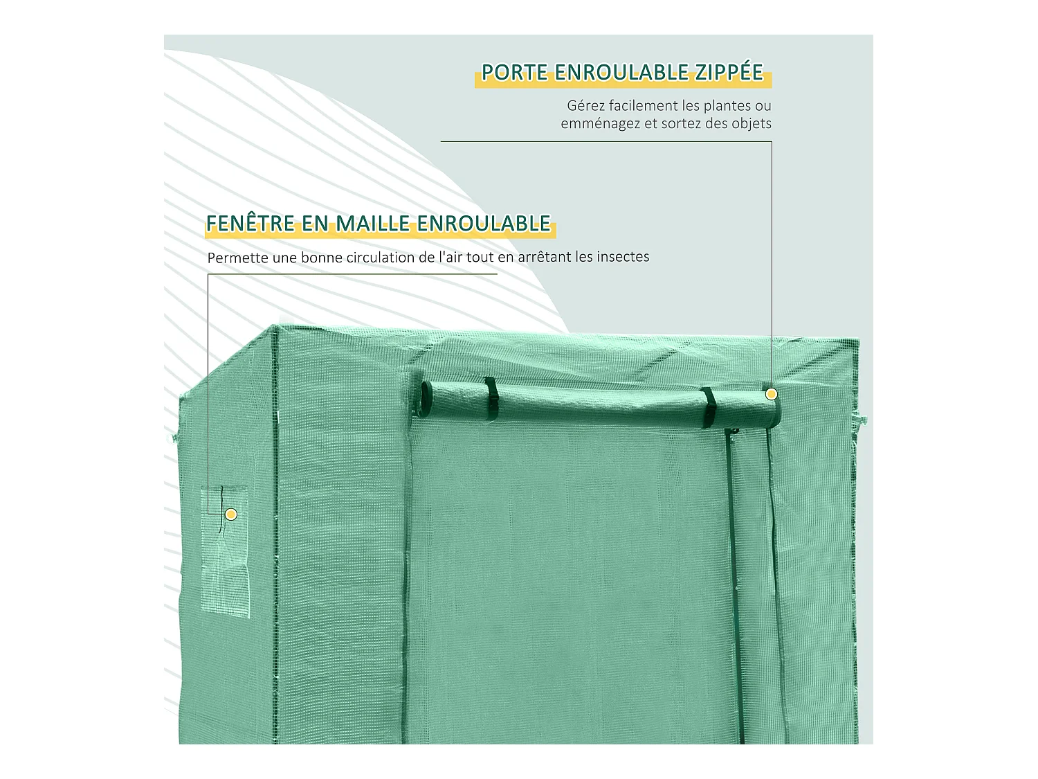 Serre de Jardin 200L x 73l x 168H cm acier PE haute densité 140 g/m² anti-UV avec porte zippée déroulante et fenêtres vert