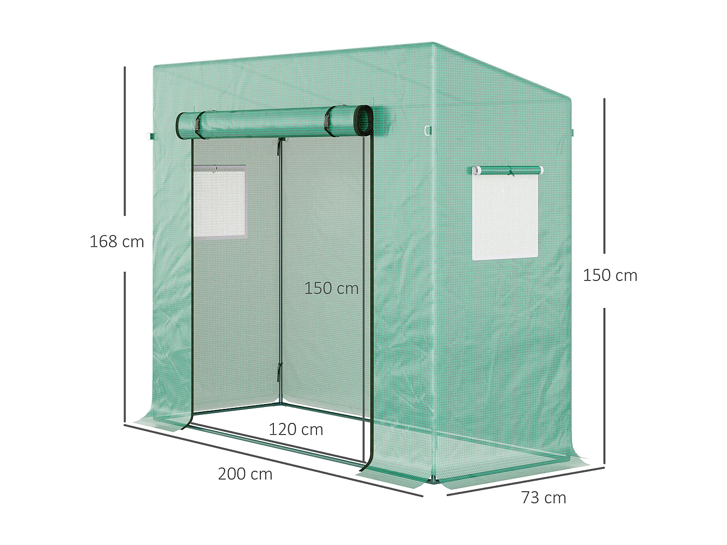 Serre de Jardin 200L x 73l x 168H cm acier PE haute densité 140 g/m² anti-UV avec porte zippée déroulante et fenêtres vert