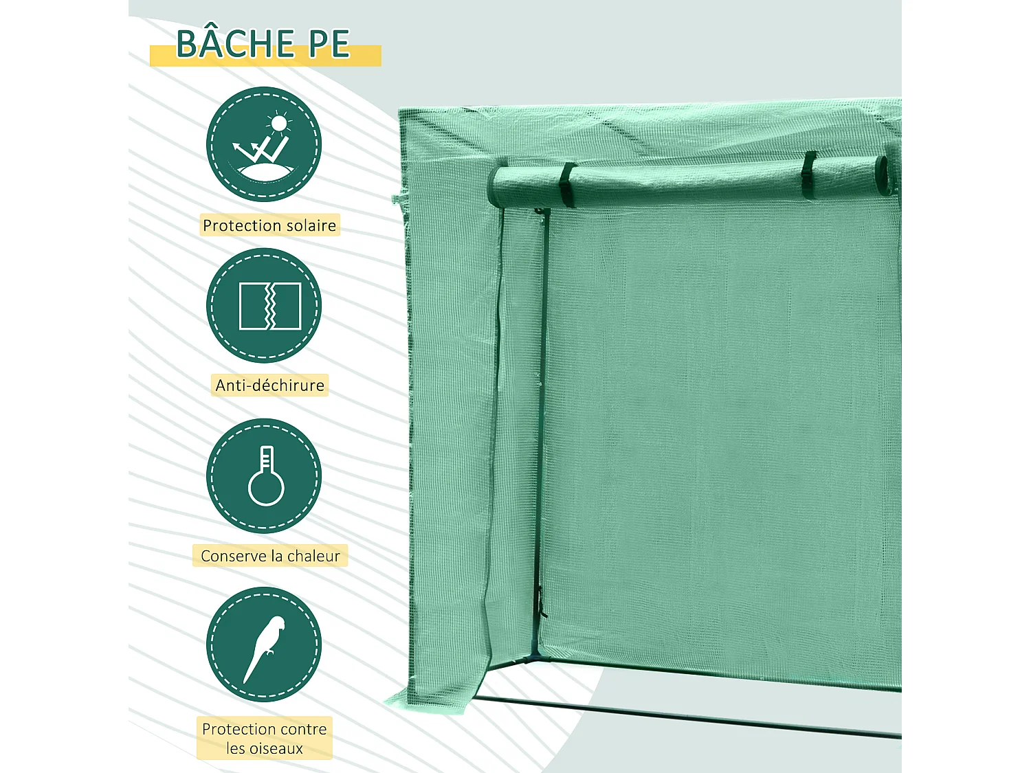 Serre de Jardin 200L x 73l x 168H cm acier PE haute densité 140 g/m² anti-UV avec porte zippée déroulante et fenêtres vert