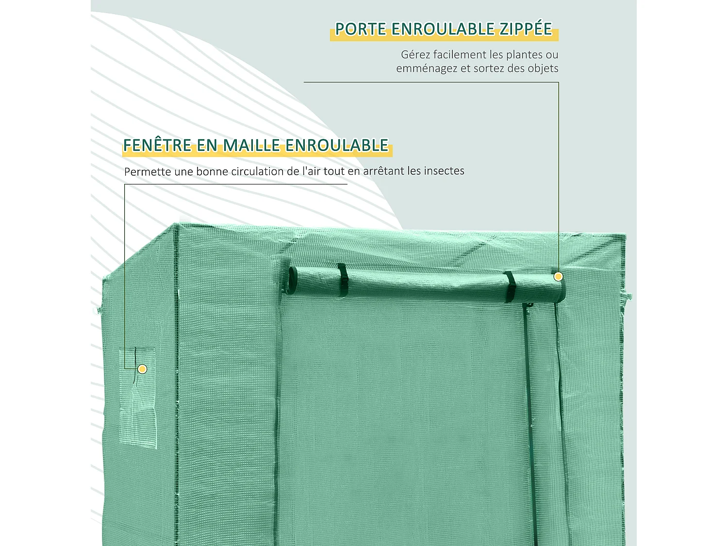 Serre de Jardin 200L x 73l x 168H cm acier PE haute densité 140 g/m² anti-UV avec porte zippée déroulante et fenêtres vert