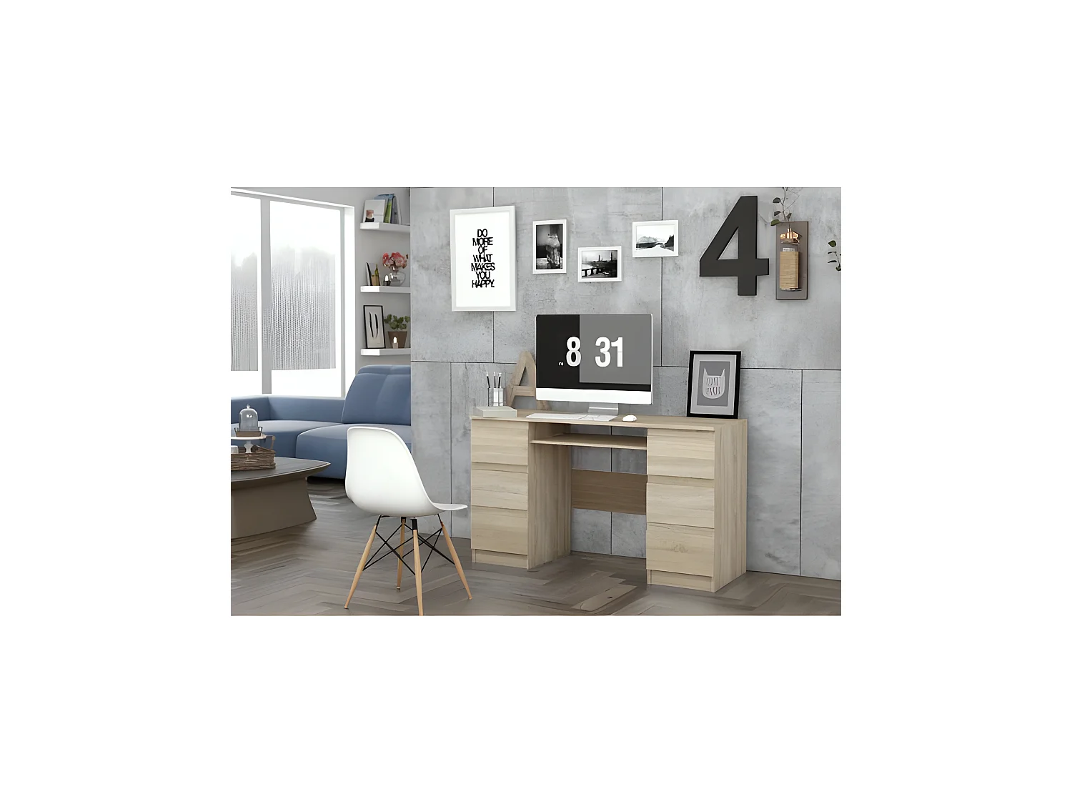 BARI - Bureau informatique - Bureau d'ordinateur - 6 Tiroirs + Support clavier coulissant - Mobilier de bureau - Aspect bois