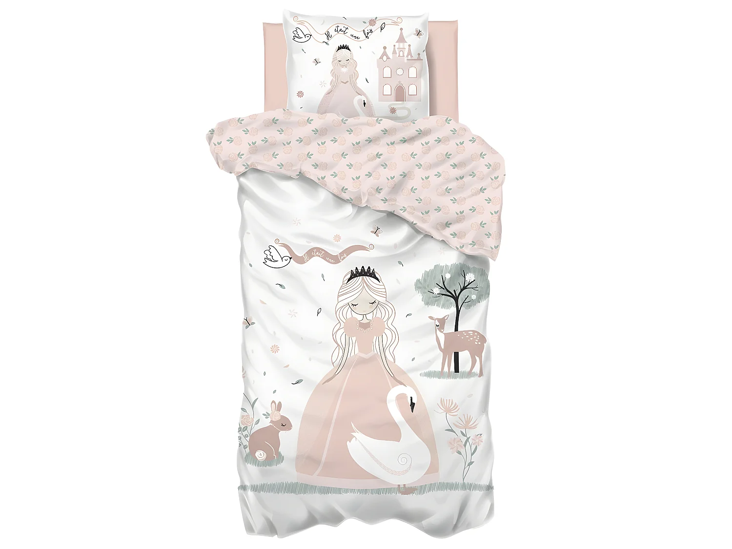 Parure de lit Enfant motif Princesse 140 x 200 cm Housse de couette en Coton avec sa taie