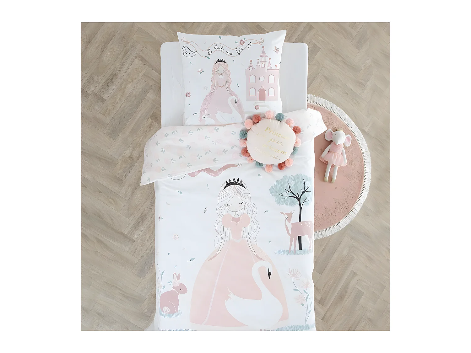 Parure de lit Enfant motif Princesse 140 x 200 cm Housse de couette en Coton avec sa taie