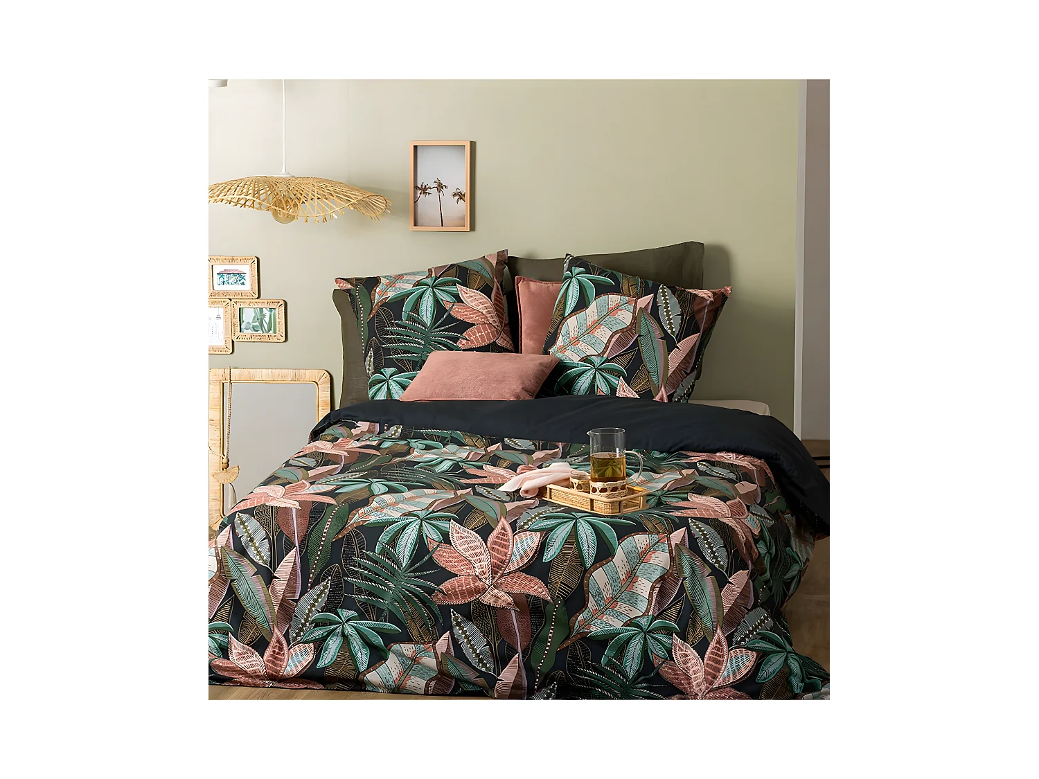 Parure de lit 2 Personnes 240 x 220 cm Housse de couette avec 2 taies Imprimé Nikau Vert