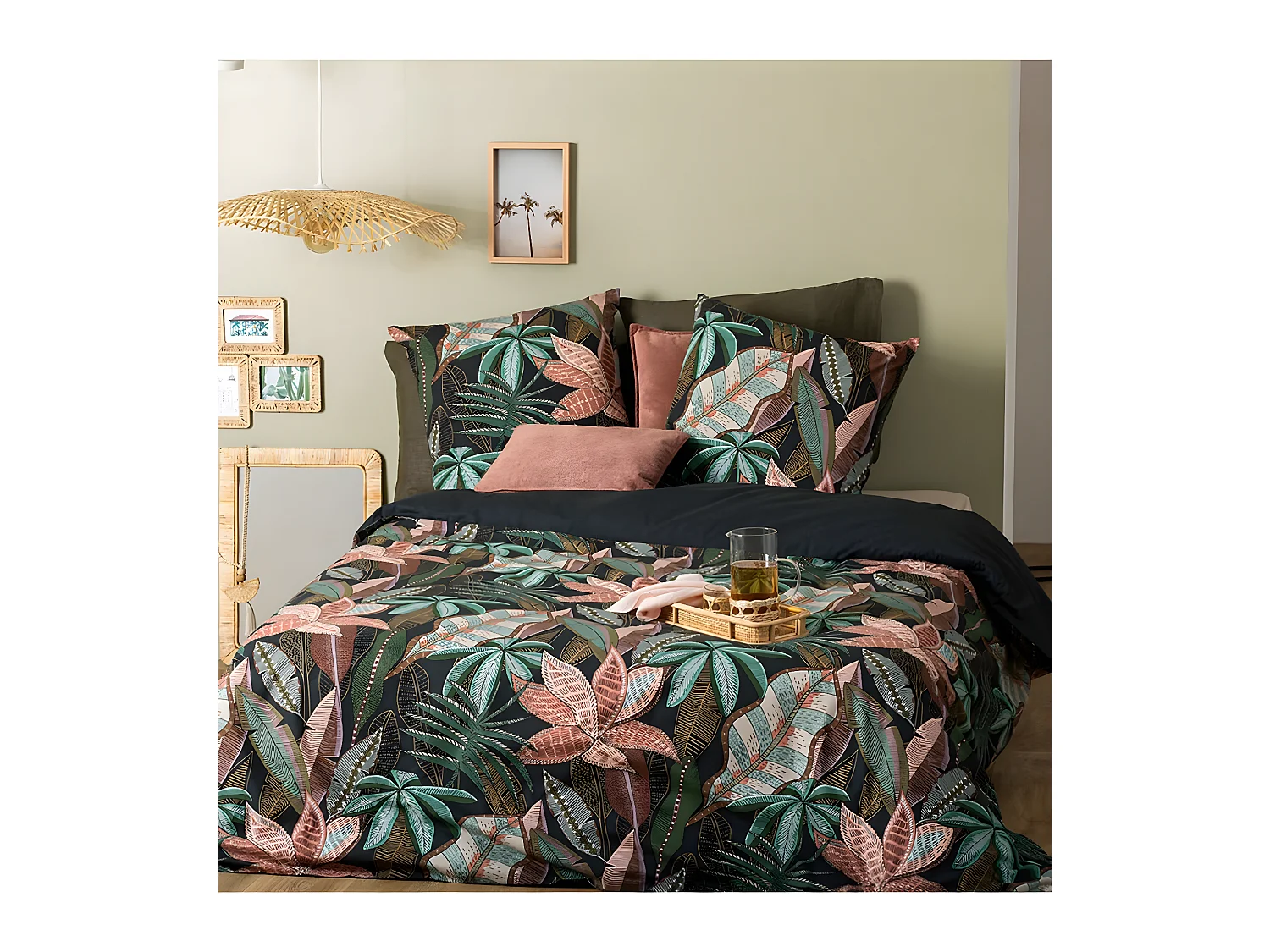 Parure de lit 2 Personnes 240 x 220 cm Housse de couette avec 2 taies Imprimé Nikau Vert