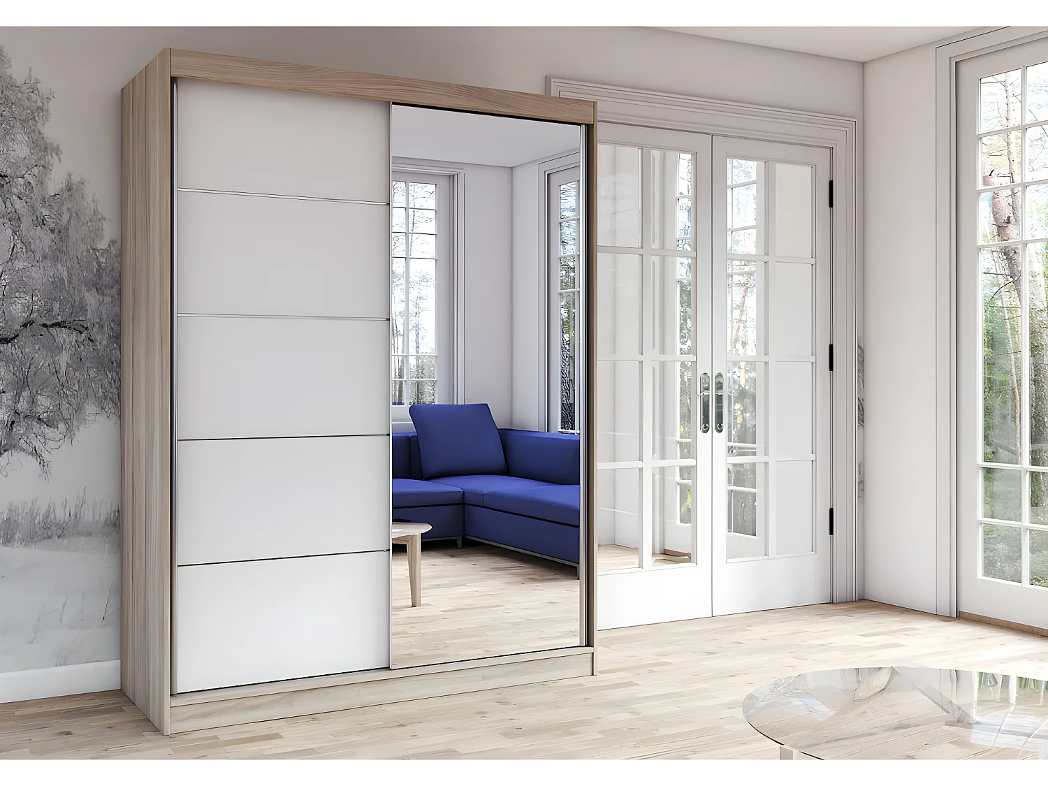 KALKE - Grande armoire à portes coulissantes - Miroir - 5 étagères + tringle - 150x61x200 cm