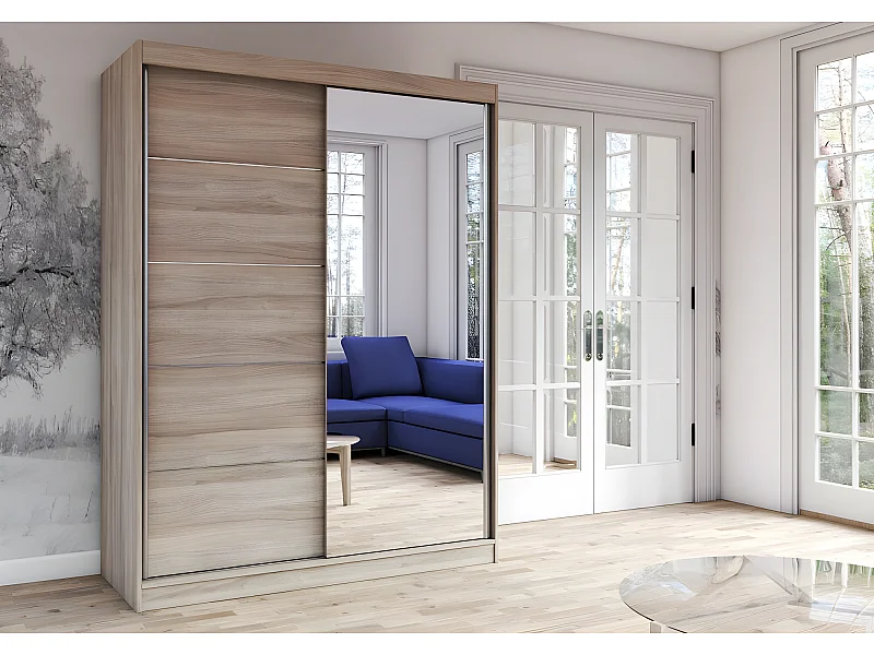 KALKE - Grande armoire à portes coulissantes - Miroir - 5 étagères + tringle - 150x61x200 cm