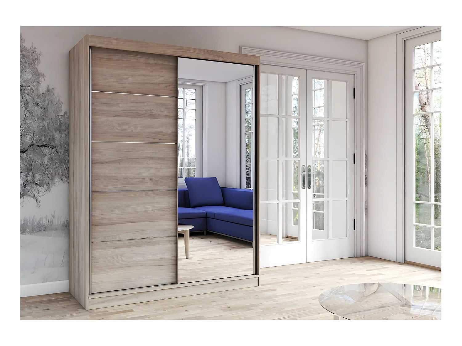KALKE - Grande armoire à portes coulissantes - Miroir - 5 étagères + tringle - 150x61x200 cm
