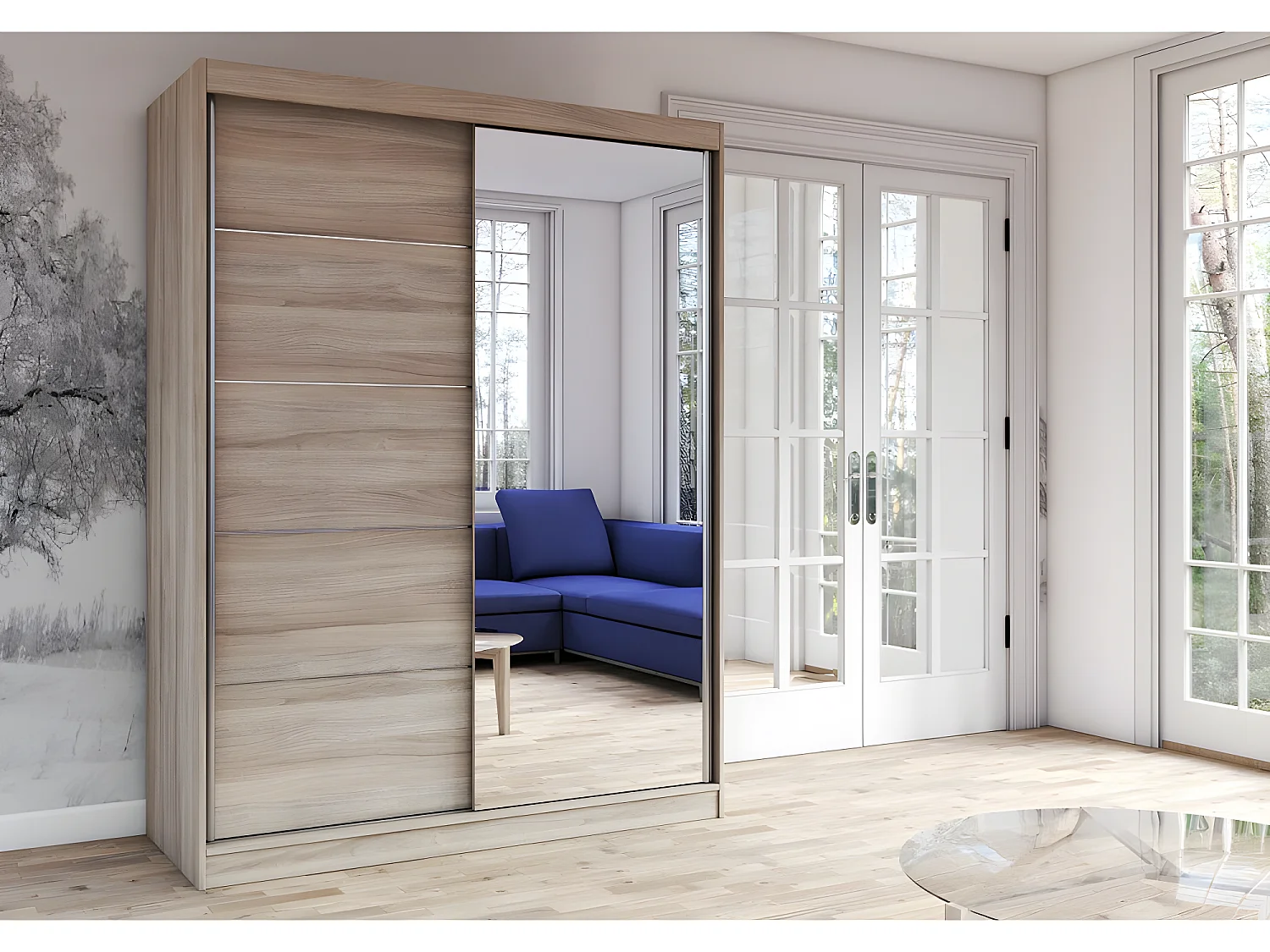 KALKE - Grande armoire à portes coulissantes - Miroir - 5 étagères + tringle - 150x61x200 cm