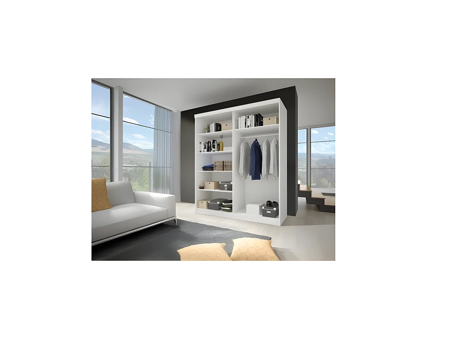 KALKE - Grande armoire à portes coulissantes - Miroir - 5 étagères + tringle - 150x61x200 cm