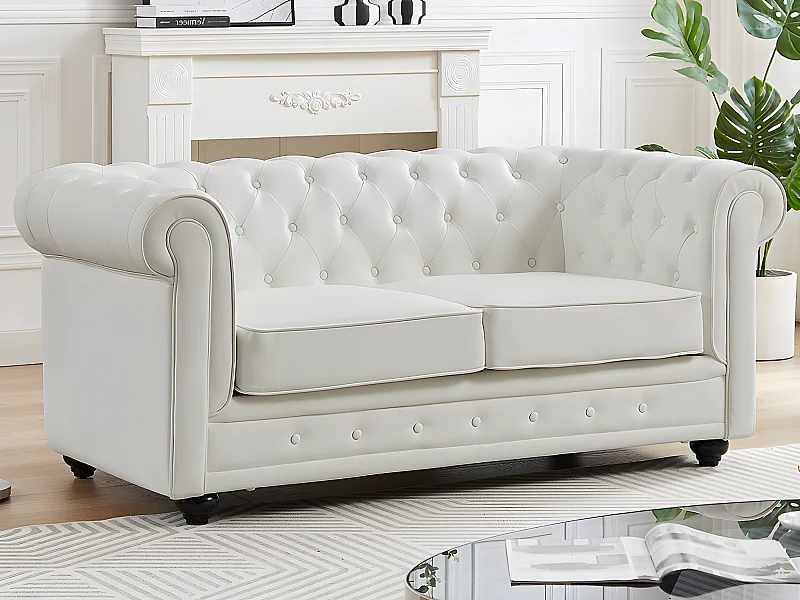 Sofá de 2 lugares pele sintética branco - CHESTERFIELD