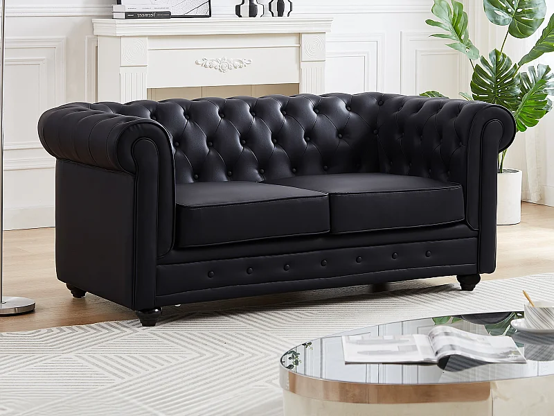 Tweezitsbank van zwart kunstleer CHESTERFIELD