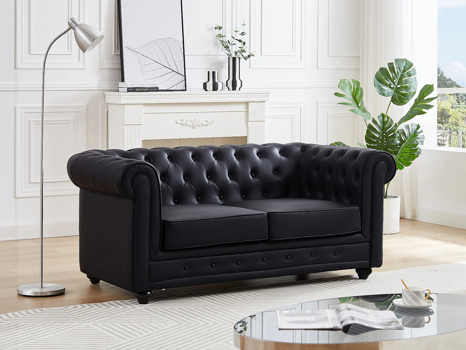 Divano 2 posti in Similpelle Nero - CHESTERFIELD