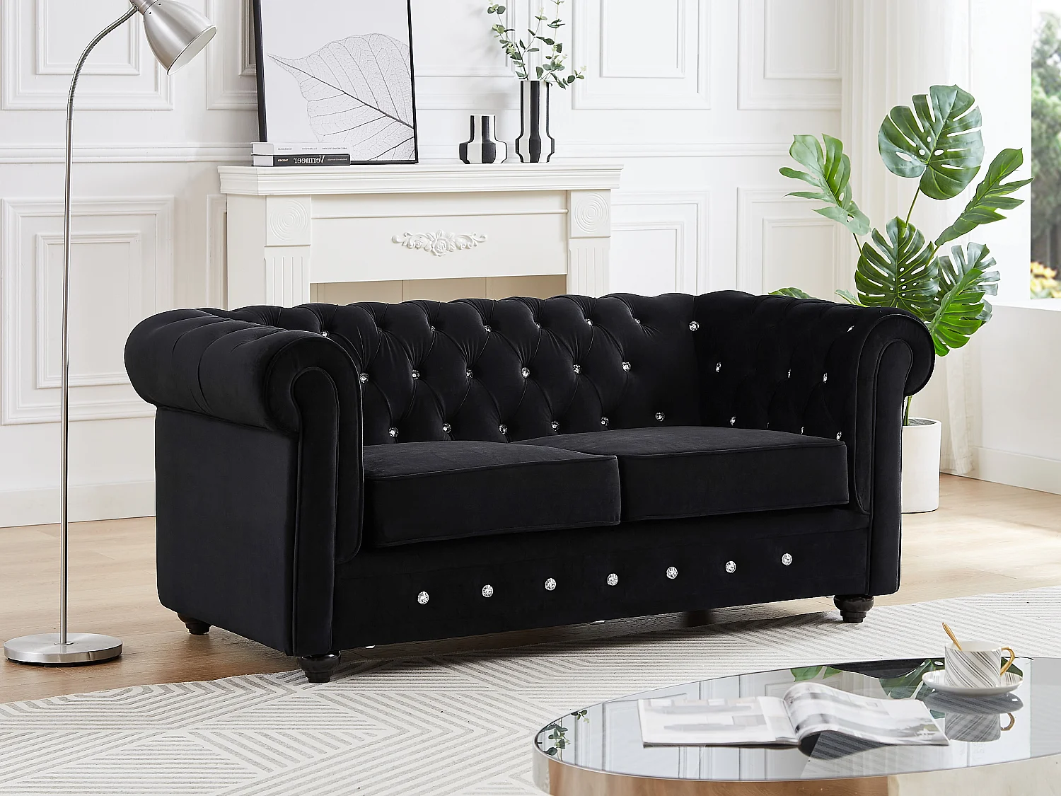 Sofa 2-Sitzer - Samt - Schwarz mit Knöpfen in Kristall-Optik - CHESTERFIELD