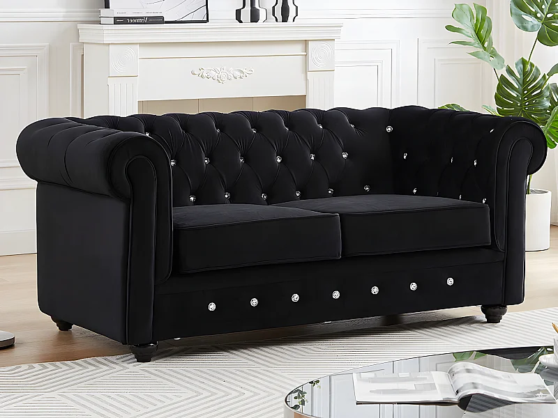 Canapé 2 places en velours noir et boutons effet cristal CHESTERFIELD