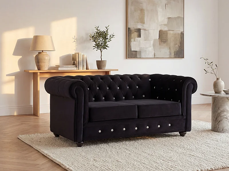 Canapé 2 places en velours noir et boutons effet cristal CHESTERFIELD