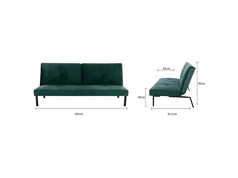 LYNN Banquette clic clac 3 places - Tissu vert - 190 x 92 x 87 cm