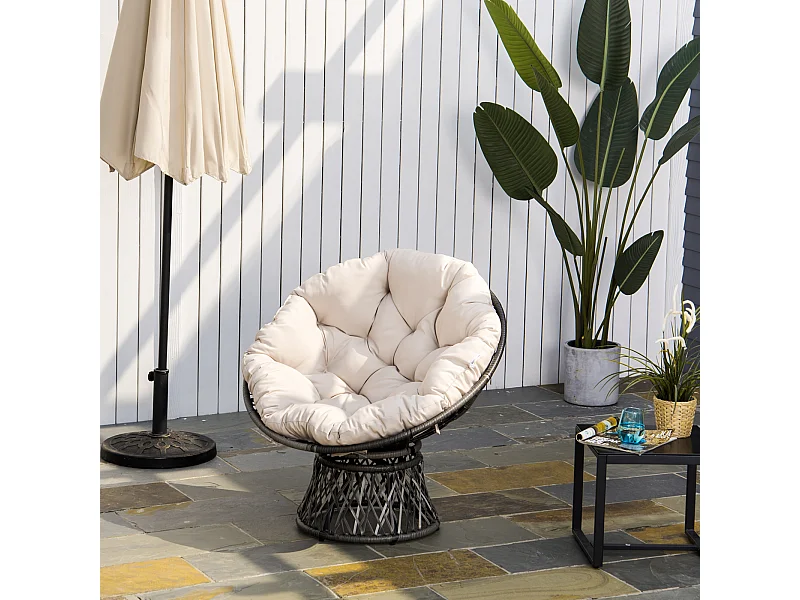 Fauteuil rond de jardin fauteuil papasan pivotant grand confort Ø 97 x 90H cm grand coussin fourni polyester résine tressée crème