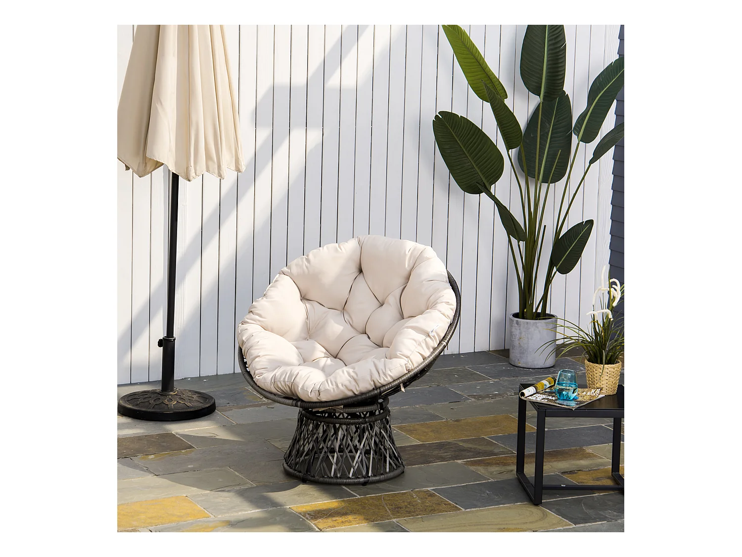 Fauteuil rond de jardin fauteuil papasan pivotant grand confort Ø 97 x 90H cm grand coussin fourni polyester résine tressée crème